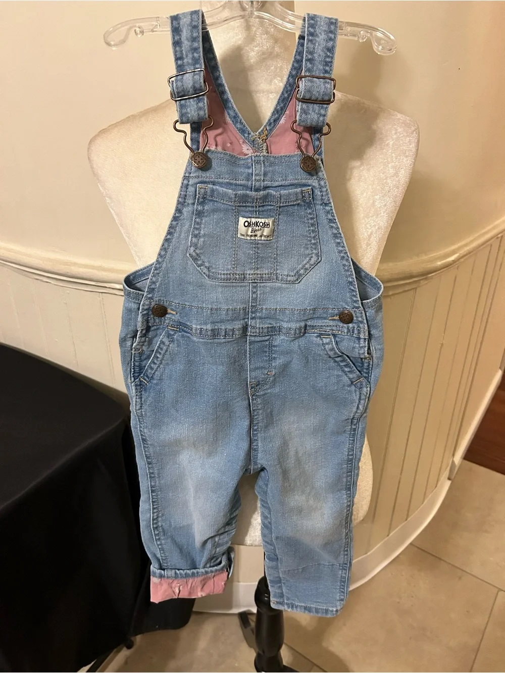 OshKosh B'gosh Light Wash Blue Denim Overalls/Pink Lining/White Flowers/24 M